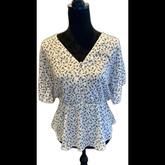 Sienna Sky Blouse Size Medium Elastic Waist Flutter Sleeves Cream Blue Flowers - Picture 1 of 12